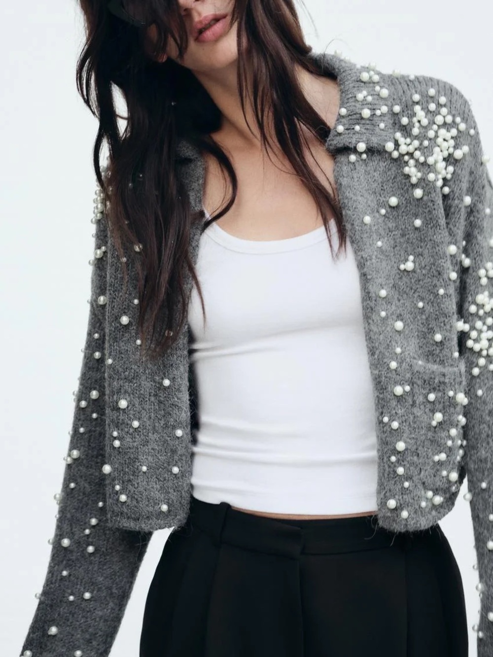 Zara Gray Pearl-Embellished Cropped Cardigan